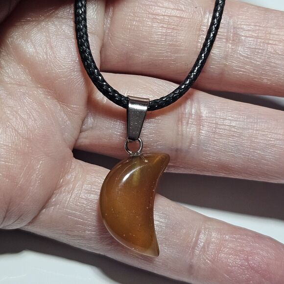 Brown Semiprecious Crescent Moon Pendant Black Cord Necklace 24-26" - Picture 1 of 12